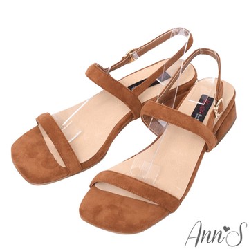 Ann’S快樂小生活-一字帶細絨夾心梯形粗跟涼鞋-棕(季末換季出清)