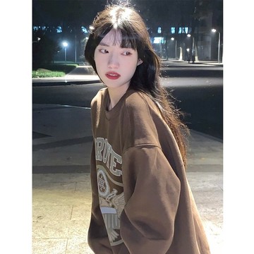 vintage衛衣女秋冬裝美式復古棕色國潮街頭加絨加厚套頭上衣