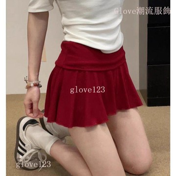 【台灣出貨】紅色美式辣妹短裙 高腰顯瘦A字百褶裙 小個子防走光 運動網球裙 百褶裙 短裙女 顯瘦 超短裙 紅色短裙 運動