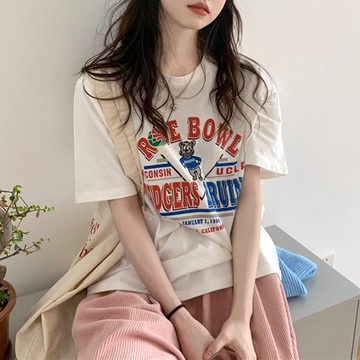 衣服 上衣 短t 寬鬆 卡通上衣 美式短t 純棉上衣 白色短袖 短袖T恤 女短T 設計感上衣 落肩上衣 生日禮物 012