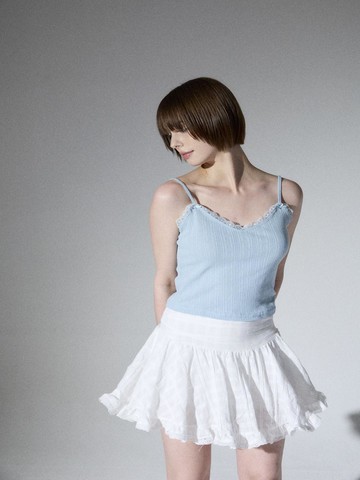 ALIENAR Lace Check Flare Mini Skirt