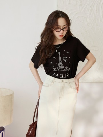 棉質巴黎鐵塔插畫風印花短袖上衣