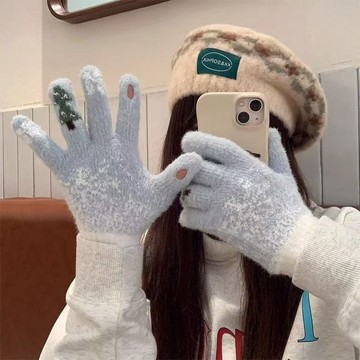 藍色聖誕樹雪花手套可觸摸屏雪花加絨加厚毛茸茸騎行手套女冬季