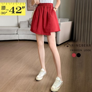短褲--顯瘦修飾休閒百搭鬆緊褲頭素面假兩件褲裙(黑.紅L-3L)-R279眼圈熊中大尺碼