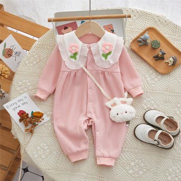 女寶寶娃娃領長袖連體衣春秋裝外出服洋氣公主哈衣嬰兒包屁衣爬服