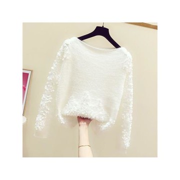 2025秋冬新款韓版時尚立體花瓣一字領長袖套頭針織衫女慵懶風毛衣