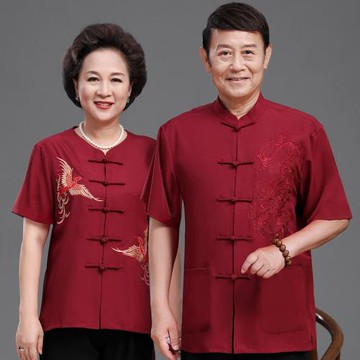 中老年夏季中國風唐裝男短袖情侶裝爺爺奶奶過壽生日喜慶婚禮衣服