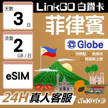LINKGO白鑽卡 菲律賓 eSIM卡 Globe電信 3天上網卡 每日2GB 高速流量(菲律賓網卡 宿霧 巴拉望 馬尼拉)