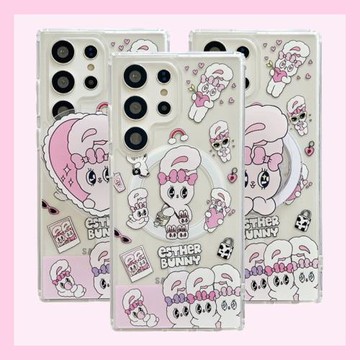 適用三星s22/s23/s23ultra/s24/s24ultra42.80手機殼MagSafe磁吸支架透明保護套可愛少女ins風韓風Bunny兔子