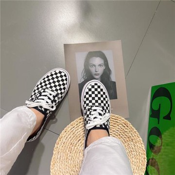 13行韓國老板娘同款系帶格子百搭棋盤格綁帶平底帆布鞋休閑女板鞋