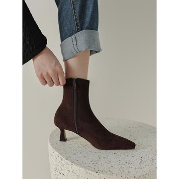 尖頭咖色高跟短靴貓跟裸靴法式小跟絨面細跟襪靴秋冬低跟瘦瘦踝靴