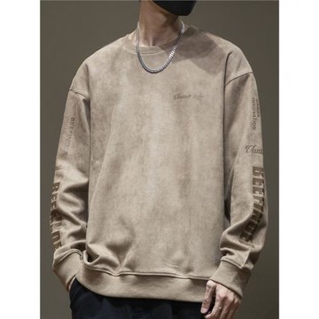 美式麂皮絨圓領衛衣男士秋季潮牌ins胖子加肥加大碼休閑長袖上衣