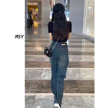 春秋闊腿軟牛仔褲女深色窄版2025年新款冬季加絨復古潮牌高腰直筒