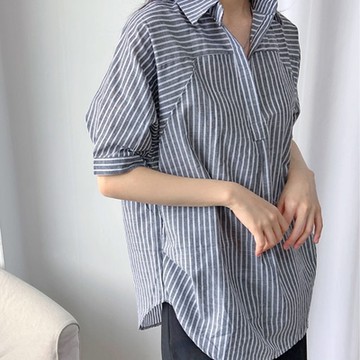 MOCOV領橫直條紋寬鬆型不規則簡約休閒前短後長襯衫L~4XL