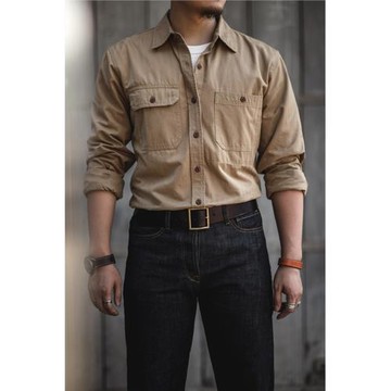 美式工裝襯衫男復古長袖春秋工程師寬松休閑簡約阿美咔嘰純棉外套