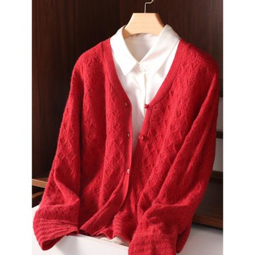 2025春季新款100%純羊毛開衫外套女V領寬松針織打底羊絨毛衣外搭