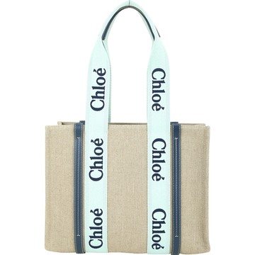 CHLOE 蔻依 Woody 中型 刺繡織帶亞麻帆布肩背/手提托特包(藍色)