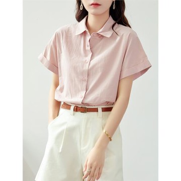 全棉粉色短袖襯衫女2025新款夏季白襯衣職業通勤女裝穿搭寬松上衣