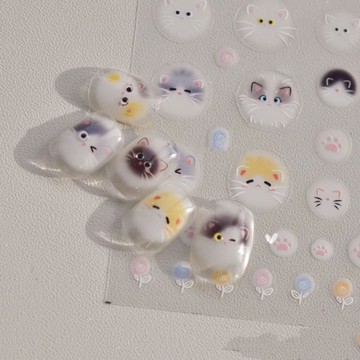 免運毛絨感貓咪美甲貼紙暈染小白貓可愛甜美彩色軟萌指甲貼錶情