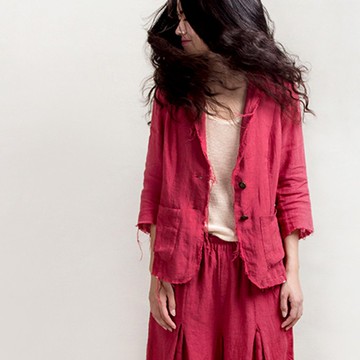 純亞麻毛邊西服 外套 紅色 九分袖 酵洗水洗工藝