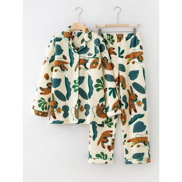 日系秋冬女士情侶空氣層純棉加厚男翻領長袖長褲睡衣套裝家居服