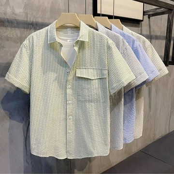 2025男士新款帥氣條紋翻領襯衫短袖夏季簡約撞色休閒襯衣潮流上衣