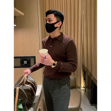 英倫復古加厚保暖衣翻領羊毛衫男時尚商務紳士麻繩絞花毛衣男冬季