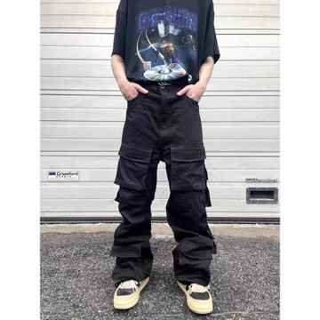 兩個月亮kany美式復古多大口袋闊腿黑色工裝褲炮彈褲vibe風男女潮