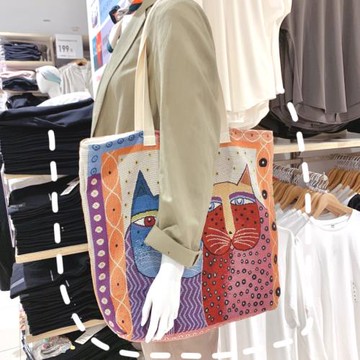 韓版單肩包帆布包文藝大容量布袋日系貓咪提花印花包復古包女包