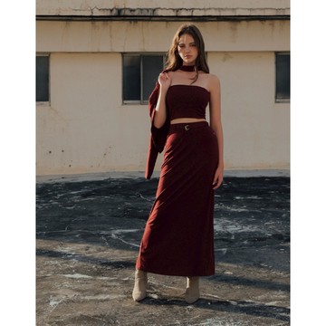 AIR SPACE 後開衩鬆緊直筒長裙(附品牌LOGO刺繡腰帶)(杏/酒紅) 女裝 現貨