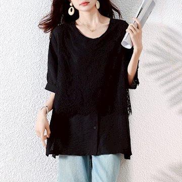 【ALLK 歐楷】新品 蕾絲拼接上衣 黑色(尺寸L-XXL/中大尺碼/涼爽/透氣)