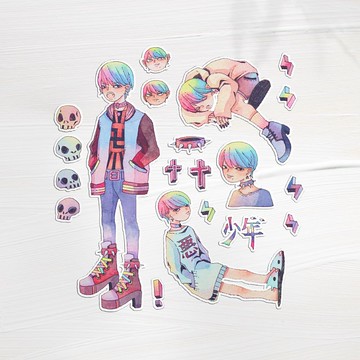 少年手繪水彩貼紙20入