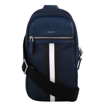 BALLY  黑白槓條帆布單肩側背/前胸背包(藍)