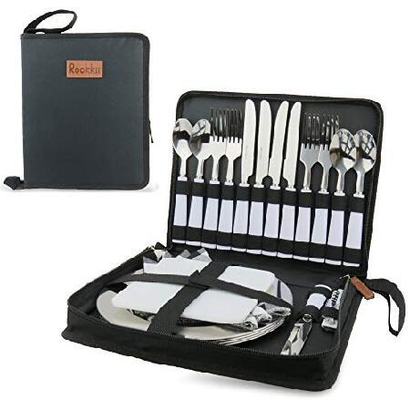 Camping Silverware Set with Case, 23 Pcs Camping Mess Kit with Stainless Steel Plates, Picnic Set for 4, Travel Silverware Set, Camping Utensils for E