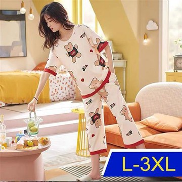 【韓國K.W.】小熊花版棉稠休閒套裝(涼感/二件套/輕薄/短袖)