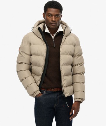Superdry Men's Hooded Sports Puffer Jacket Beige Size: XL