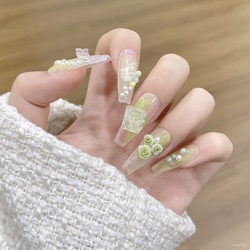 💟加一手工甲💅🏻【綠野之境】手工穿戴甲清新溫柔氣質氛圍感超僊爆閃方鑽蝴蝶珍珠純手工穿戴甲 UVKQ