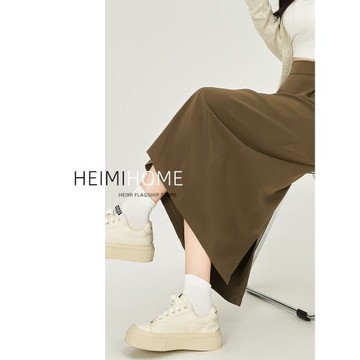 卡其色半身裙女春夏秋小個子高腰a字長裙中長款開叉包臀西裝裙潮