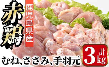 i455 赤鶏ムネ肉・ささみ・手羽元セット(計3kg)鹿児島県産の鶏肉を3種お届け