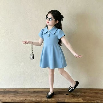 🎀biubiu童裝🎀新款女童藍色翻領連衣裙顯瘦款公主裙POLO領可愛爆款甜美兒童