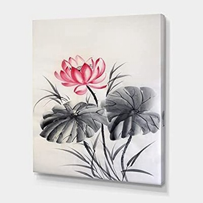 特別価格DesignQ 蓮の花 モノクロの葉2つ付き 伝統的なキャンバスウォールアート好評販売中