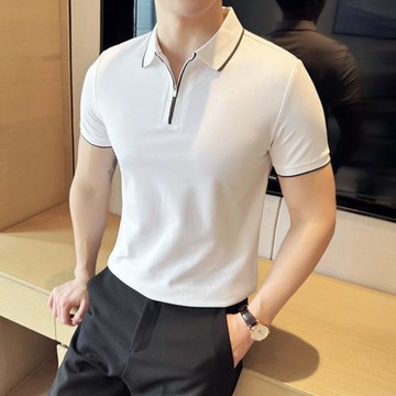 polo衫男撞色線條半拉鏈翻領半袖夏季潮流修身高級感保羅短袖T恤