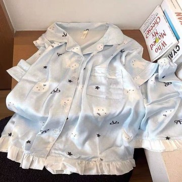 Xuan♥ 睡衣女冰雪絲夏季新款米菲兔淺藍色波點卡通可愛甜美風家居服套裝
