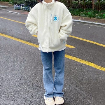 國潮hiphop秋冬立領羊羔毛外套女加絨加厚寬松慵懶風復古棉衣棉服