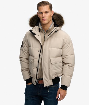 Superdry Men's Everest Hooded Puffer Bomber Jacket Cream Size: XL