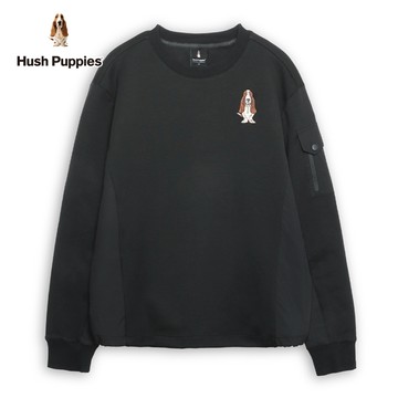 Hush Puppies 上衣 男裝異材質拼接立體英文刺繡狗長袖上衣