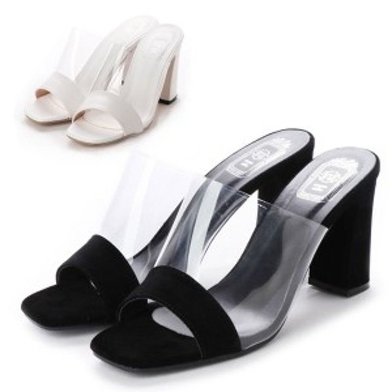 サンダル ミュール チャンキーヒール 太ヒール クリア ビニール 透明  