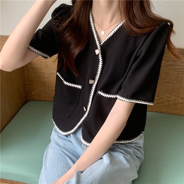 復古撞色短袖上衣女設計感小眾襯衫女夏季年新款韓版百搭襯衣