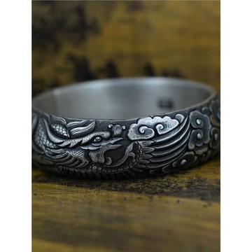 紅銀足銀男士手鐲禮物浮雕手工純銀開口復古經典龍鳳雙鳳銀鐲