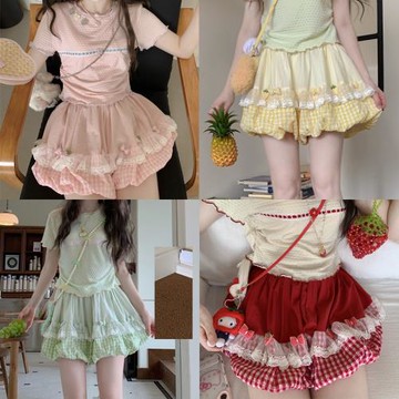 原創草莓格子拼接花苞褲裙寬松顯瘦南瓜蓬蓬褲A字泡泡燈籠短褲